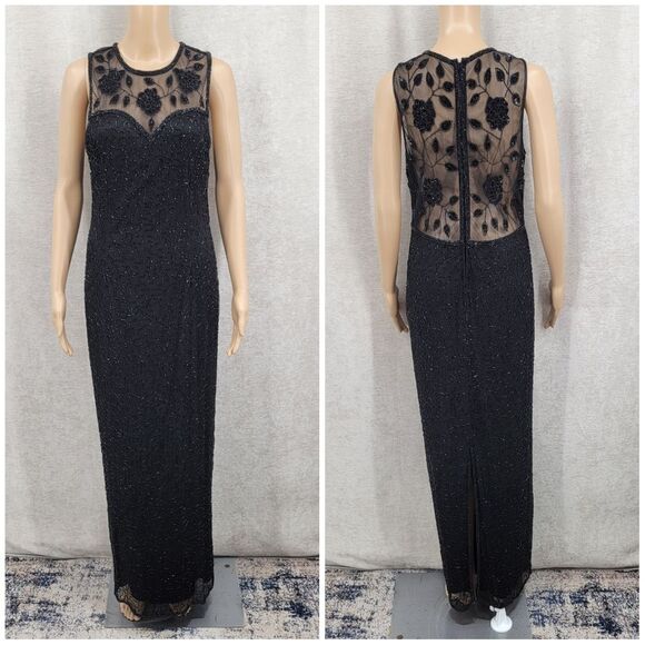 Brilliante Vintage Silk Column Black Dress Beaded Formal Illusion Neck and Back - Picture 15 of 16